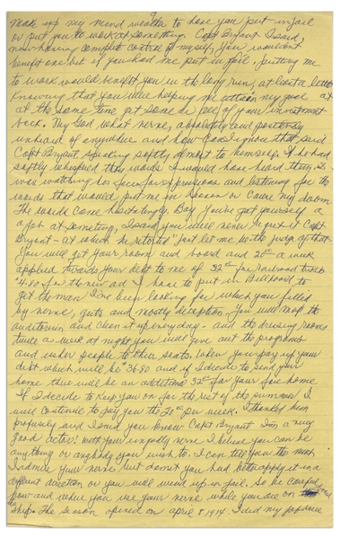 Moe Howard's Handwritten Manuscript Page When Writing His Autobiography -- Moe Talks His Way Out of His Photo Stunt & Onto the Showboat, ''Boy you've got yourself a job'' -- Single 8'' x 12.5'' Page